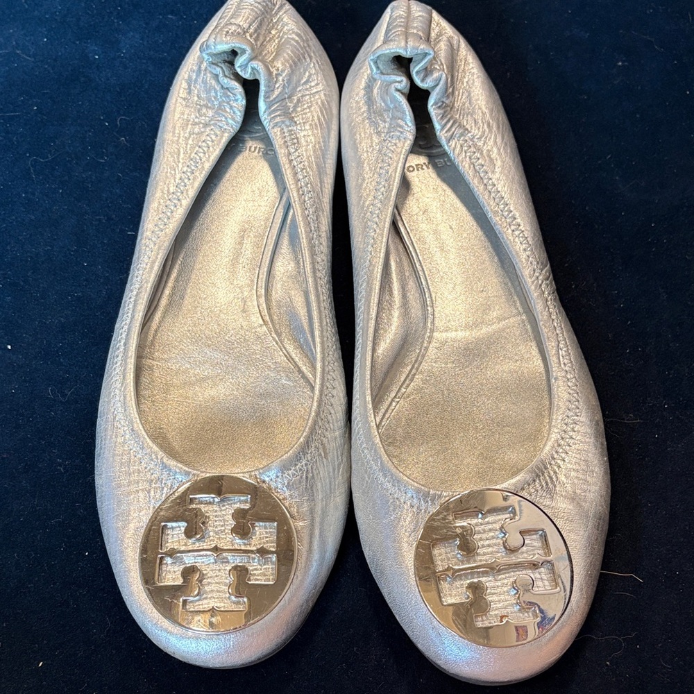 Tory Burch Silver Leather Ballet Flats